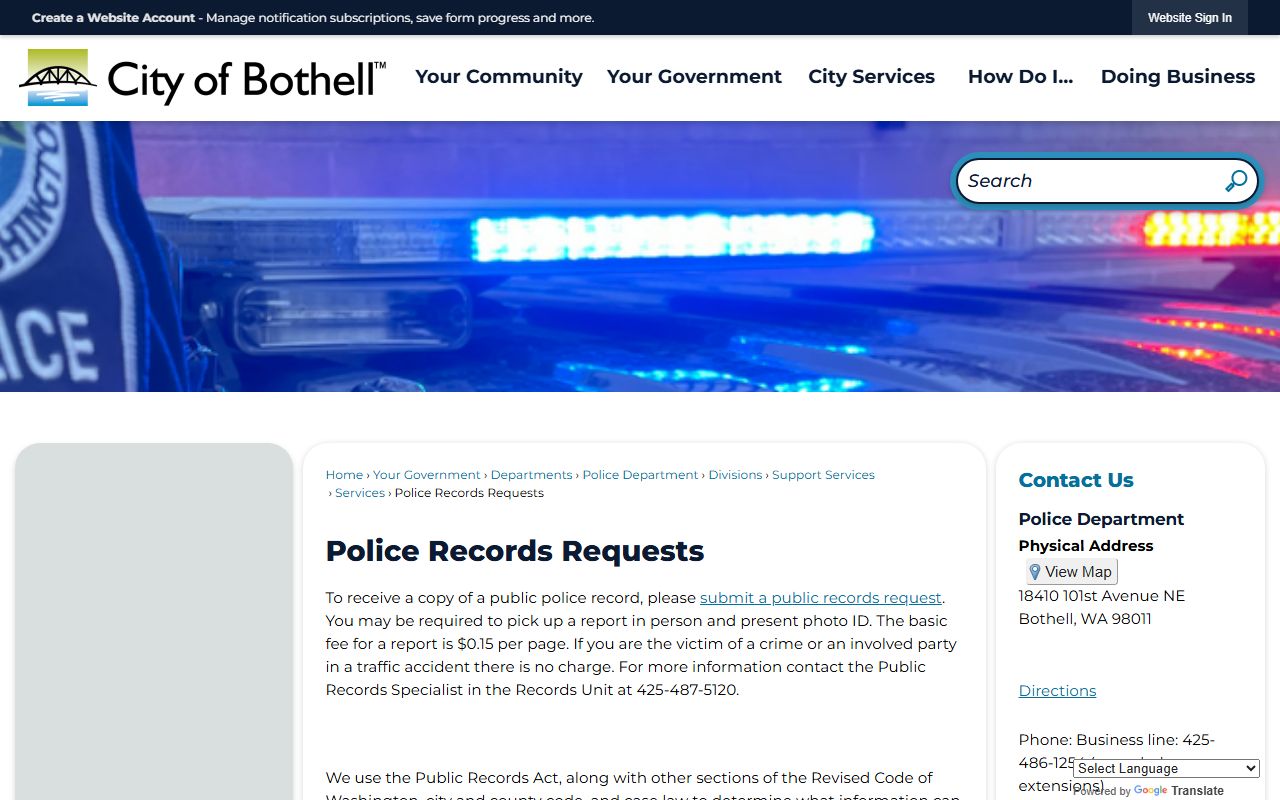 bothell arrest records police records request