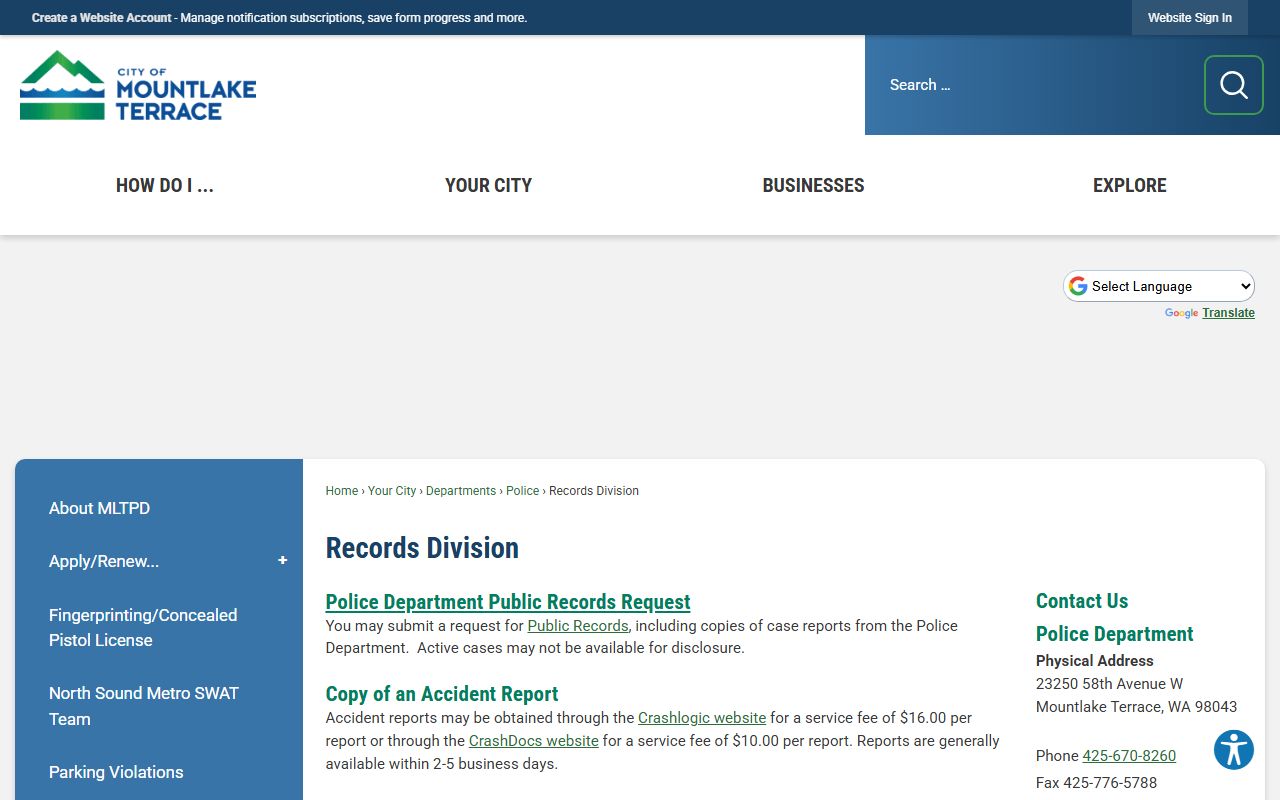 mountlake terrace arrest records records division page