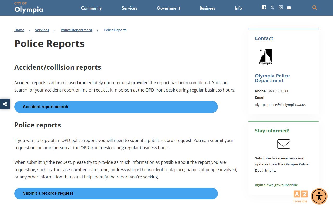 olympia arrest records police reports request page