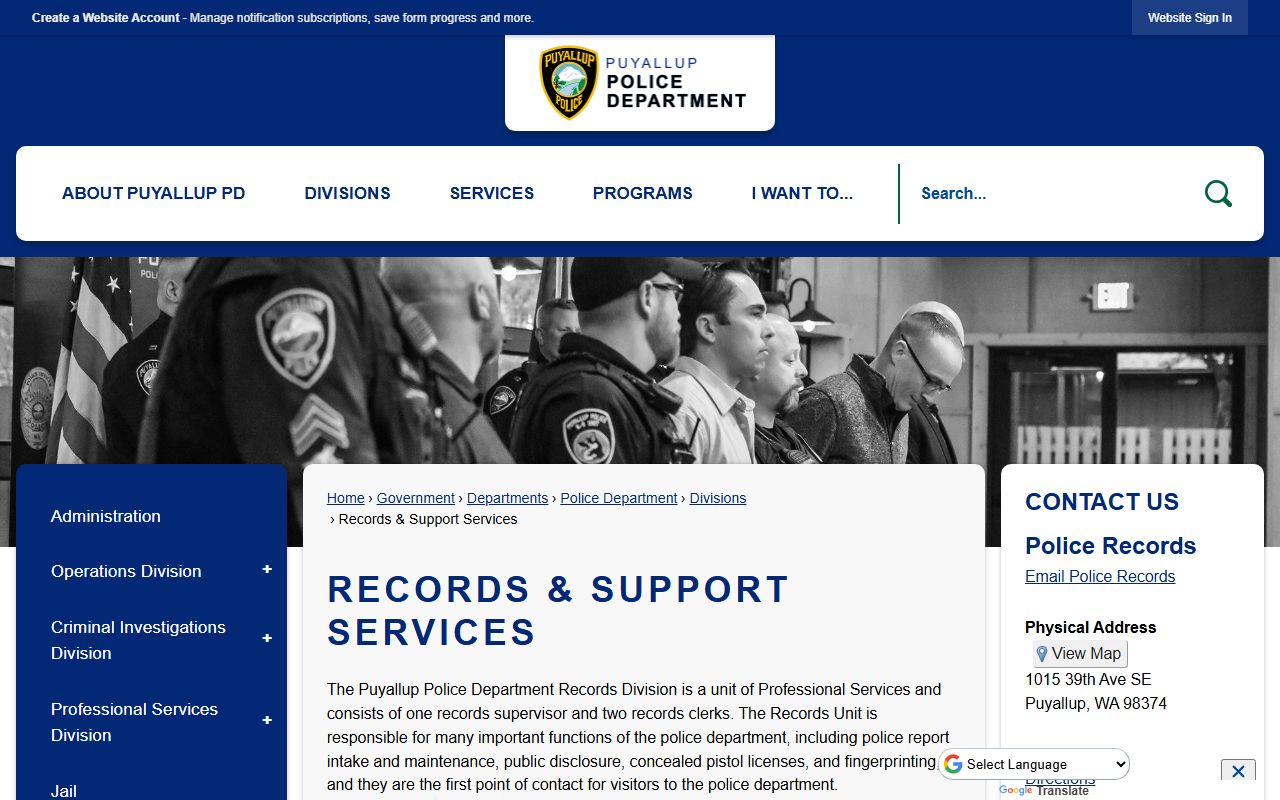 puyallup arrest records police records support services