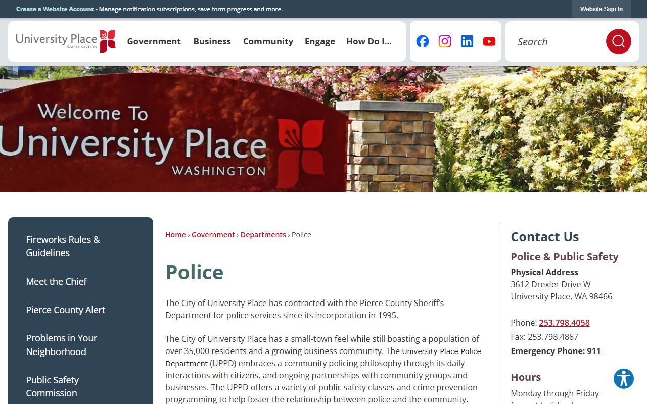university place police department services page