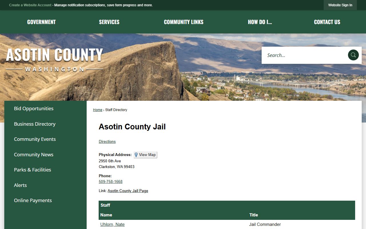 Asotin County Jail staff directory for corrections and booking inquiries