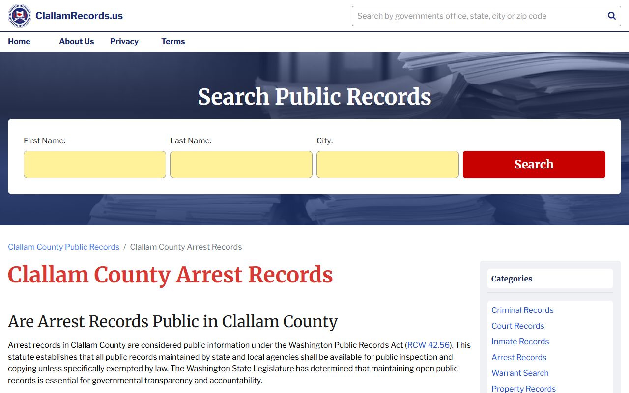 Clallam County arrest records search for booking and criminal history information