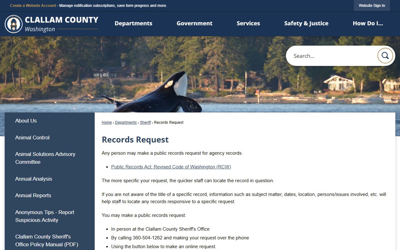 Clallam County records request page for arrest and law enforcement records