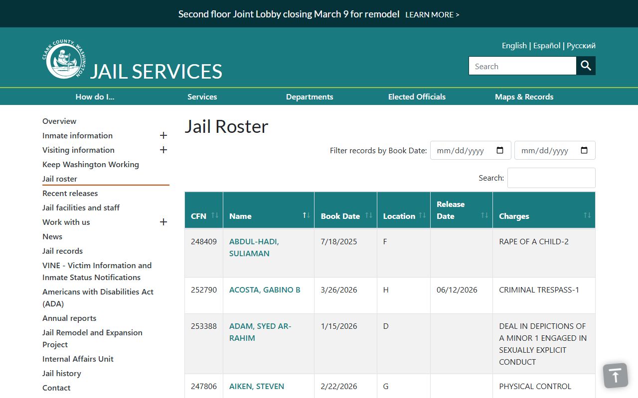 Clark County jail roster search showing current inmates and booking records