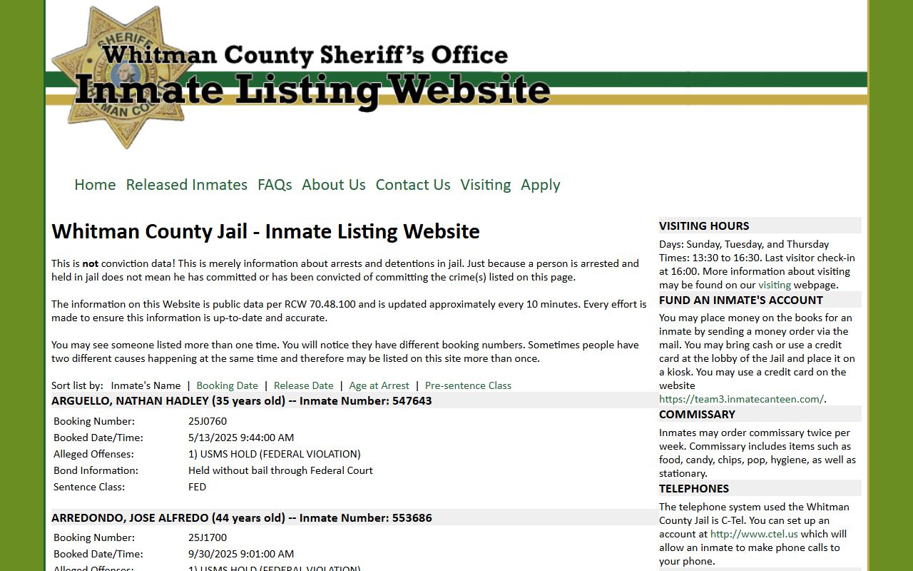 whitman county jail inmate listing arrest records