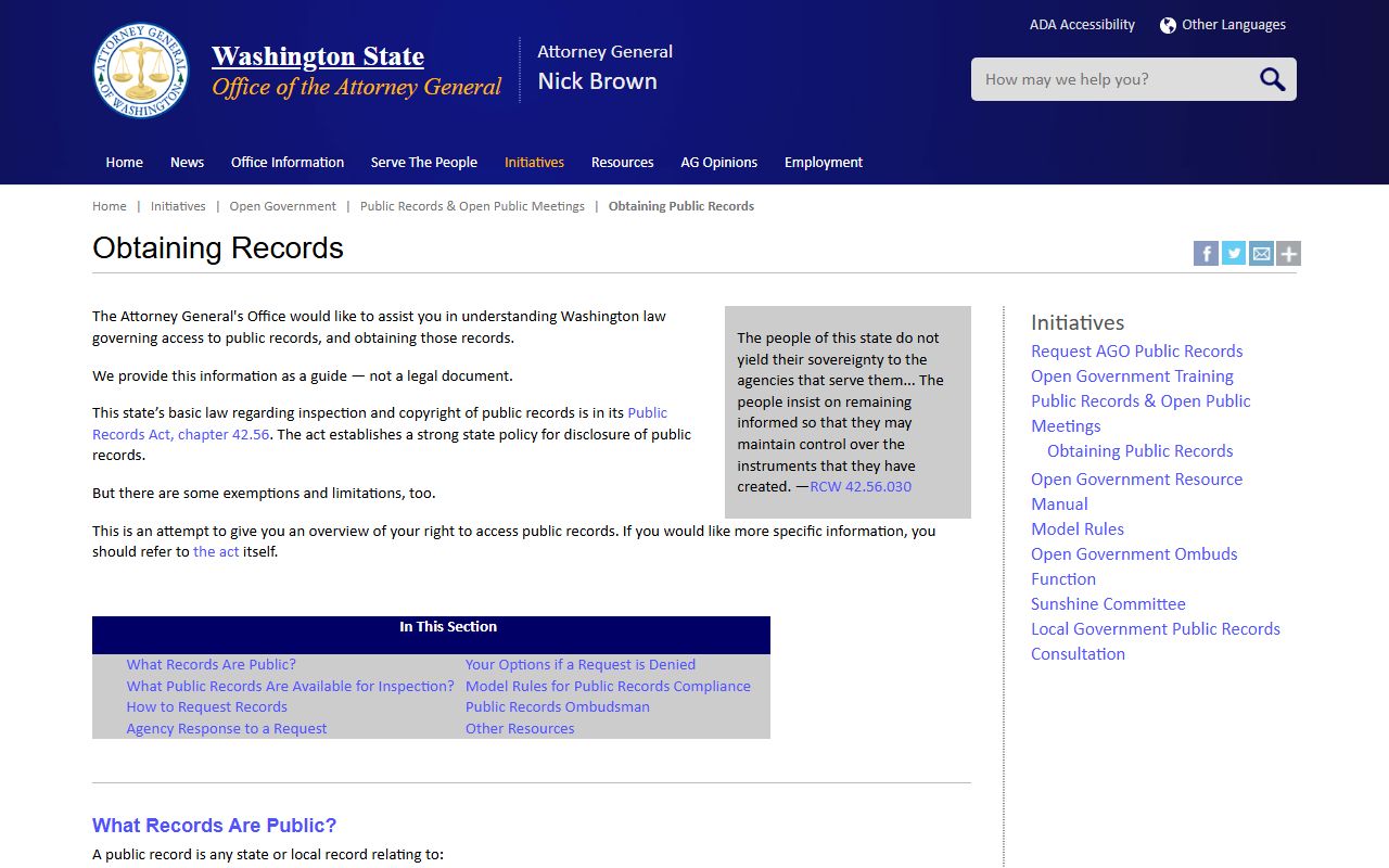 Washington Attorney General guide to obtaining public records