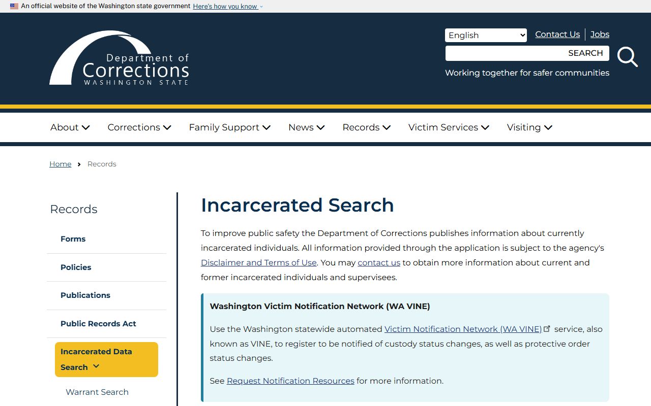 Washington DOC incarcerated data search tool