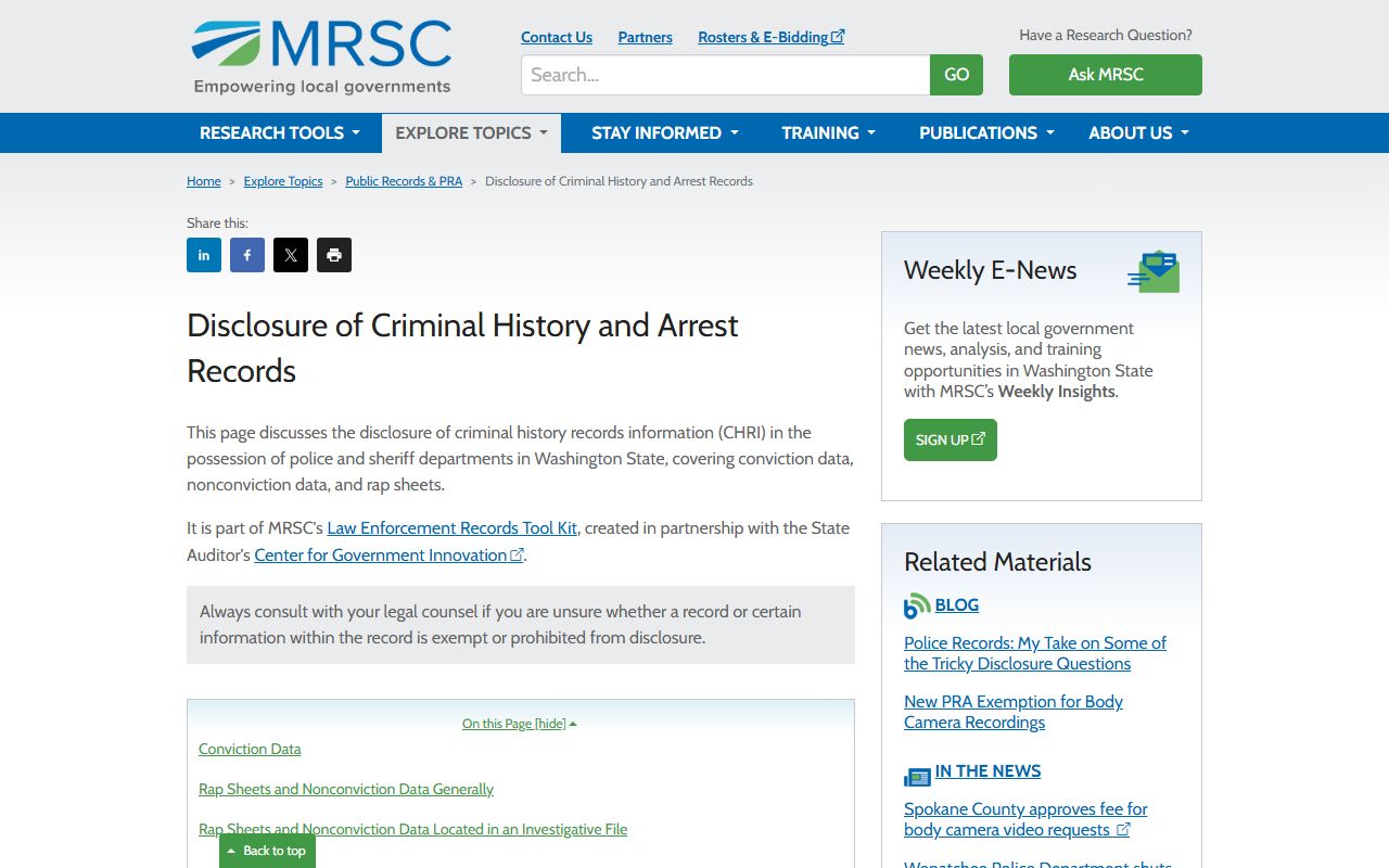 MRSC criminal history and arrest records guide Washington