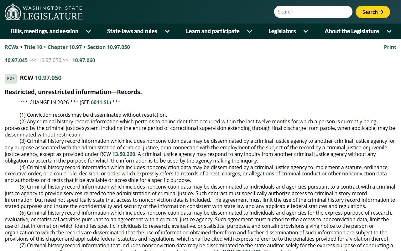 RCW 10.97.050 criminal history record dissemination statute