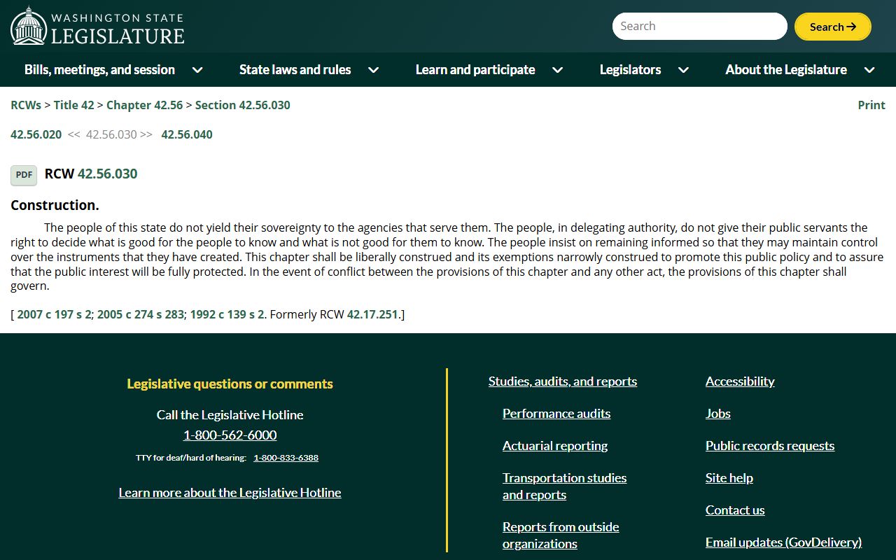 RCW 42.56.030 Washington Public Records Act statute