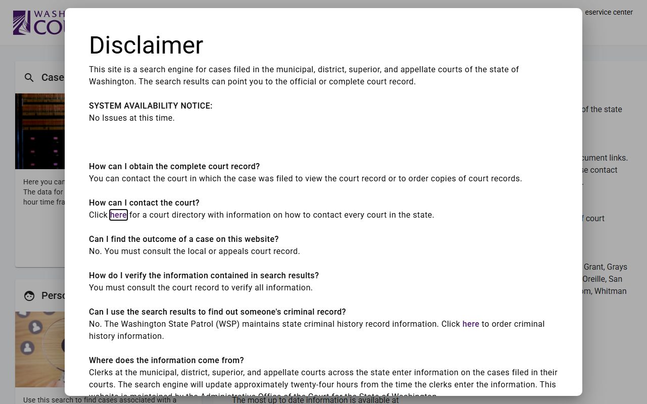 Washington State Courts public case name search tool